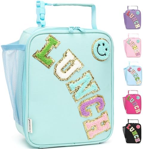 FlowFly Lunch box Insulated Soft Bag Mini Cooler Back to School Thermal Meal Tote Kit With Buckle and Mesh Side Pocket for Girls, Boys, GreenWithLetter