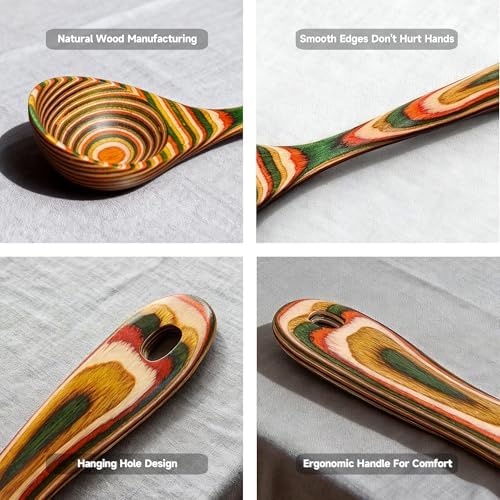 Wooden Cooking Spoon - 10.6-inch Deep Soup Ladle with Long Handle - Thick & Vibrant Colors, Solid Wood for Cooking, Serving, Stirring