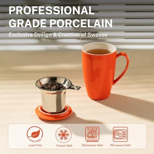 Sweese 15oz Porcelain Tea Mug with Infuser and Lid – Microwave Safe, Ergonomic Handle, Lead-Free Glaze, for Loose Leaf Tea