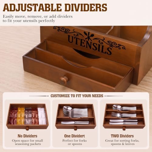 Wooden Kitchen Utensil Holder with Magnetic Knife Block, Brown