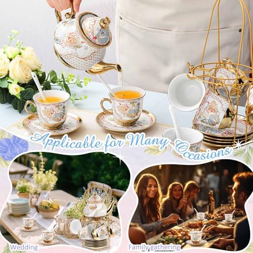 Zhehao 20 Pcs Porcelain Tea Set for Adult, with Metal Holder, Refined