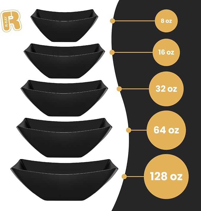 R-kay 6 Pack Square Plastic Serving Bowls - Black Plastic bowls 32 Oz - Premium Black Disposable bowls Heavy Duty For Weddings Catering And Birthday parties