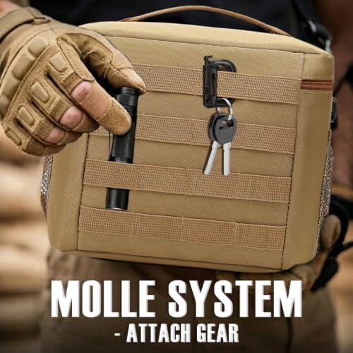 FlowFly Lunch Bag, Insulated Cooler, Thermal Lunch Box Tote with MOLLE/PALS Webbing, Adjustable Padded Shoulder Strap, for Tactical Men Women Adults and Boys Girls Kids (Brown, Large)