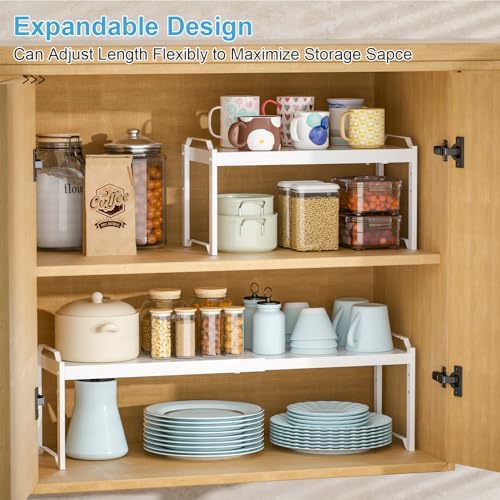 4 Pack Kitchen Cabinet Shelves Organizers, Kitchen Counter Storage Shelf Spice Rack, Expandable Length, Adjustable Height, Stackable, Sturdy 30LBS Bearing, Small Cupboard Tabletop Organizer Shelf Rack