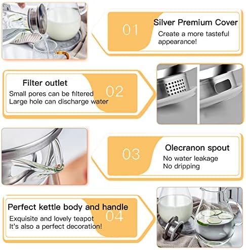 84.5oz Borosilicate Glass Teapot with 304 Stainless Steel Lid & Built-in Strainer, Stovetop & Microwave Safe Tea Kettle for Loose Leaf/Iced/Fruit/Herbal Tea, 2500ml Clear Pot