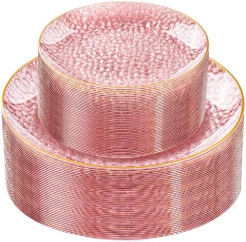 Rubtlamp 60Pcs Pink Plastic Plates,Clear Pink Plates With Gold Rim,Hammered Gold Plates Include 30Pink Plastic Dessert Platos, 30Gold Dinner Platos For Party