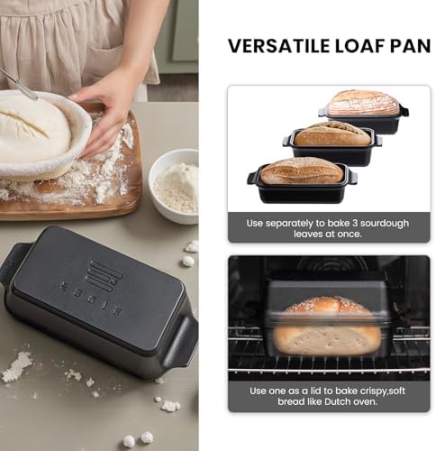 Cast Iron Loaf Pan with Lid, 9×5 Dutch Oven for Sourdough Bread Baking, Dutch Oven Pot with Lid for Bread Baking, Bread Pans for Baking, Pre-Seasoned (3 pieces, 2.2 QT Each)