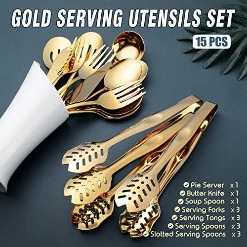 Gold Serving Utensils, OGORI 15-Piece Stainless Steel Gold Serving Utensils Set Include Serving Spoons, Slotted Serving Spoons, Serving Tongs, Serving Forks, Butter Knife, Soup Ladle, Pie Server