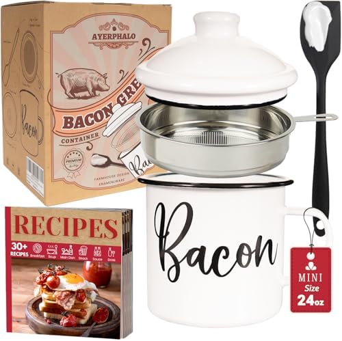 Ayerphalo 24oz Enamel Bacon Grease Container with Strainer, Farmhouse White