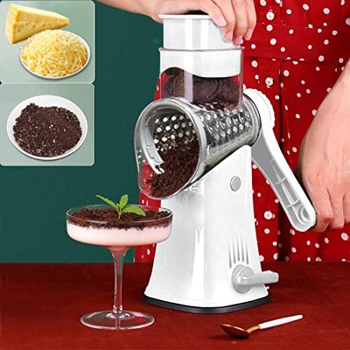 Rotary Cheese Grater Shredder 5-in-1 Tumbling Box Mandoline Vegetable Slicer Waffle Cutter Nut Chopper, White
