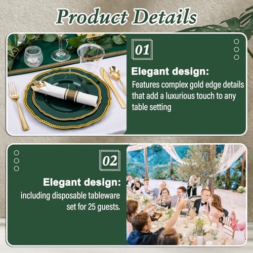 Hioasis 175 Pcs Green Gold Plastic Plates Wedding & Party