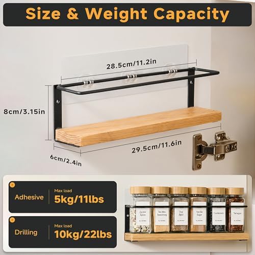 4-Tier Wall Mount Spice Rack Organizer with 24 Glass Jars, 216 Labels & Funnel - Screw/Adhesive Mount, Black Metal & Bamboo Spice Storage for Kitchen Pantry Cabinet, 11.6”W x 2.4”D x 3.2”H