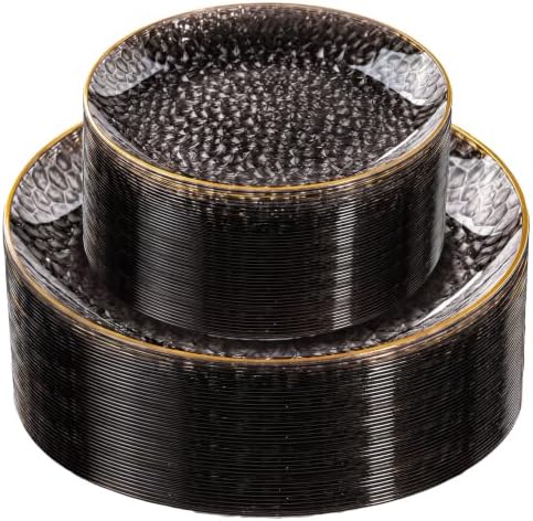 Rubtlamp 60Pcs Black Plastic Plates, Black Disposable Plates With Gold Rim, Clear Heavy-duty Party Plates, Hammered Plastic plates Include 30 Dessert Platos, 30 Dinner Platos for Party