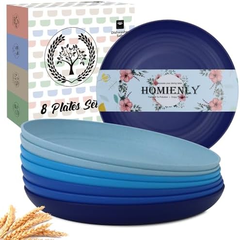 Homienly Salad Plates 10 Inch Unbreakable Wheat Straw Plates Dinner Plates Set of 8 Microwave Safe Plates for Kitchen Dishwasher Safe Plastic Plates Alternative for Picnic,Camping,RV (Blue Series)
