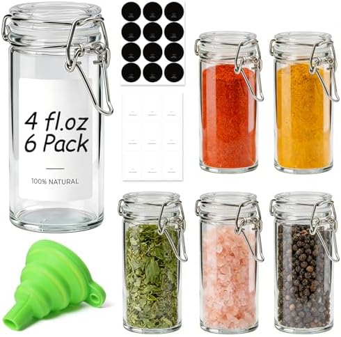 ComSaf Small Glass Spice Jars with Airtight Lids 4 oz 6 Pack with Labels