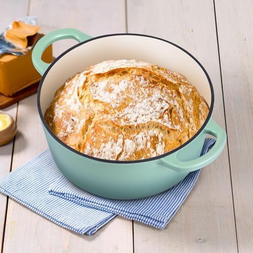 E-far 3 Qt Enameled Cast Iron Dutch Oven with Lid, Small Round Nonstick Dutch Oven Pot for Bread Baking Braising Stews Roasting Cooking, Heavy Duty, Induction & Oven Safe - Sage Green