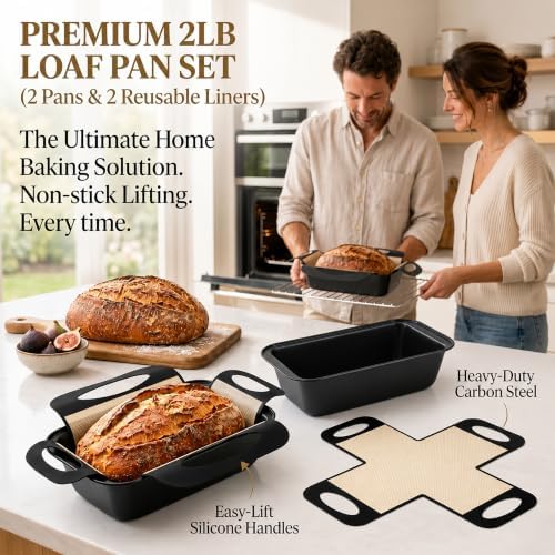9x5 Loaf Pans for Baking Bread, 2-Pack Bread Loaf Pan Set with Silicone Bread Sling Liners, Nonstick Loaf Liners for Sourdough, Banana Bread, Homemade Bread
