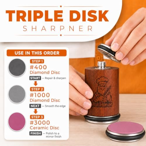 Rolling Knife Sharpener, 3-Disc Magnetic Knife Sharpening Kit