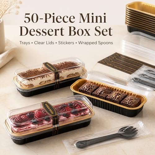 50 Pack Black Gold 6.8oz Mini Cake Pans with Lids