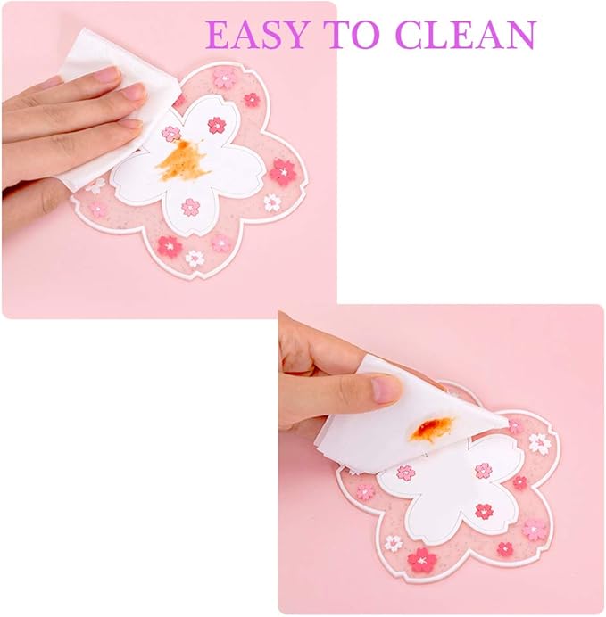 Sakura Coffee Cup Mat Kawaii Coaster 2PCS Cute Cherry Blossom PVC Home Tea Mug Pink Flower Pattern Anti-Skid Pot Bowl Pad Placemat for Desk Drink Table Decor Kawaii Accessories (Small)