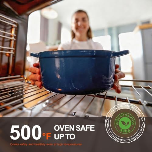Overmont Enameled Cast Iron Dutch Oven - 5.5QT Pot with Lid Cookbook & Cotton Potholders - Heavy-Duty Cookware for Braising, Stews, Roasting, Bread Baking Midnight Sapphire