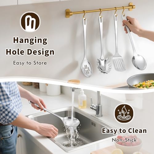 3 Pcs Stainless Steel Cooking Utensils Set, Heat Resistant Kitchen Utensils, Metal Kitchen Tools Include Solid & Slotted Spoon, Pasta Server, Ergonomic Handle, Dishwasher Safe, Easy to Clean, Silver