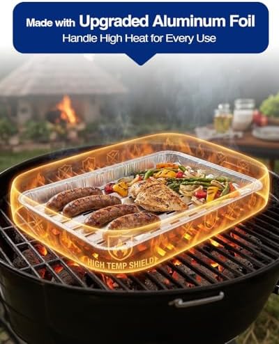 50Pcs Broiler Pans for BBQ Grill, 9.2 x 13.5 Grill Pan Liners with Ribbed Surface, Disposable Aluminum Foil Trays for Oven with Hole