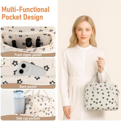 Lunch Bag Large Insulated Lunch Box for Women Men Adult Cute Black Floral Lunchbox Corduroy Lunch Bags Boxes Pail with Shoulder Strap for Work Mom Picnic Office Travel 11.4×6.8×9.1 inches 11.5L