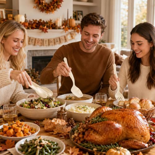 Mwellewm 18Pcs Ivory Plastic Serving Utensils Set for Thanksgiving Day