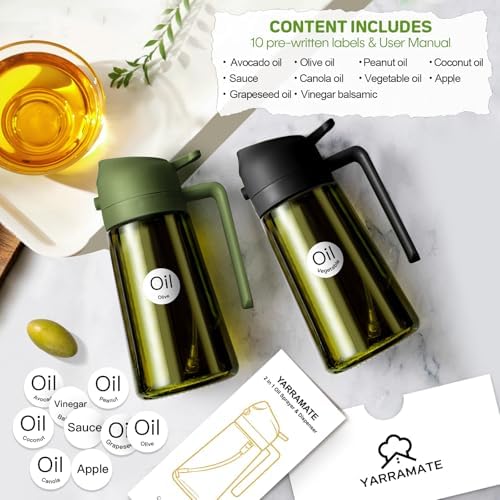 YARRAMATE 16oz/470ml Dark Green Oil Sprayer for Cooking with Stickers, Food-grade Premium 2 in 1 Olive Oil Dispenser Bottle for Kitchen Gadgets, Air Fryer, Salad, Frying, BBQ (OliveGreen)