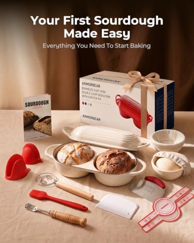 Sourdough Bread Baking Kit with Double Loaf Cast Iron Bread Pan, White