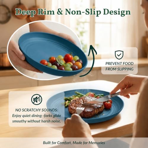 Homienly Unbreakable 8 Pcs Deep Dinner Plates Reusable Plastic Wheat Straw Plates Set Lightweight Kitchen Plates for Salad, Lunch, Dessert, Microwave & Dishwasher Safe Plates for Camping (Blue, 9 In)
