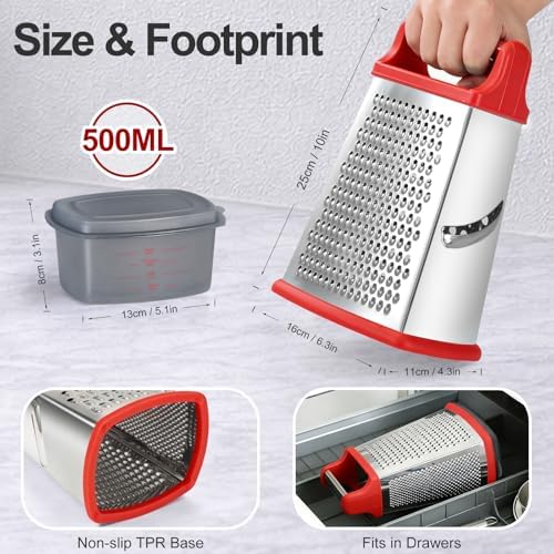 Ourokhome Cheese Grater with Handle, Stainless Steel Box Grater, 4 Side Kitchen Vegetable Shredder Slicer Zester with Container for Parmesan, Cabbage, Ginger, Lemon, Chocolate, Coconut (Red)