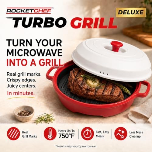 Turbo Grill Deluxe - Microwave Grill Pan with Lid, Nonstick, Ceramic Nonstick Grill Pan with Vented Lid, Grills, Sears & Crisps Bacon, Burgers, Steak & Veggies Fast + Bonus Recipe Guide