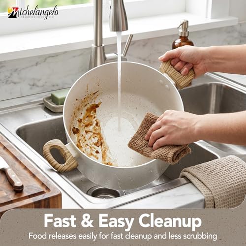 MICHELANGELO Nonstick Cooking Pot - 6 Quart Soup Pot with Lid for Family Meals, Non-Toxic Stockpot with Stay-Cool Handles, Induction Ready, Easy Cleanup, PFOA & PFOS Free