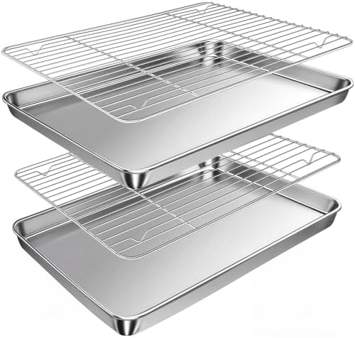 Baking Sheet with Rack Set (2 Pans + 2 Racks), 16 x 12 x 1 Inch Stainless Steel Cookie Sheet Baking Pan Tray with Cooling Rack, Jelly Roll Pan with Wire Rack, Warp Resistant & Heavy Duty & Rust Proof