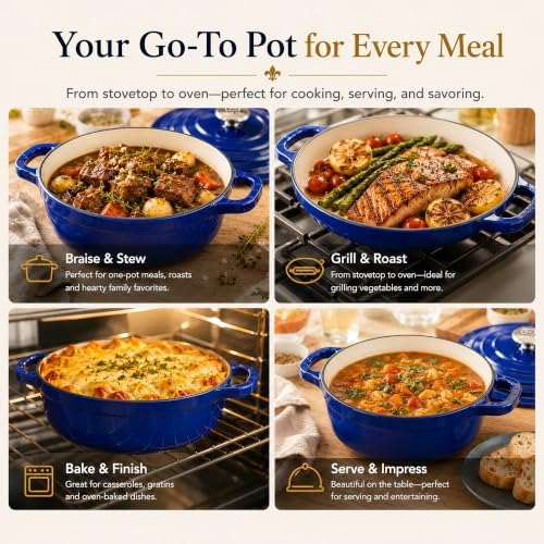 AHJ Cast Iron Dutch Oven Set - 4 Piece Nesting Enameled Cookware with Lid