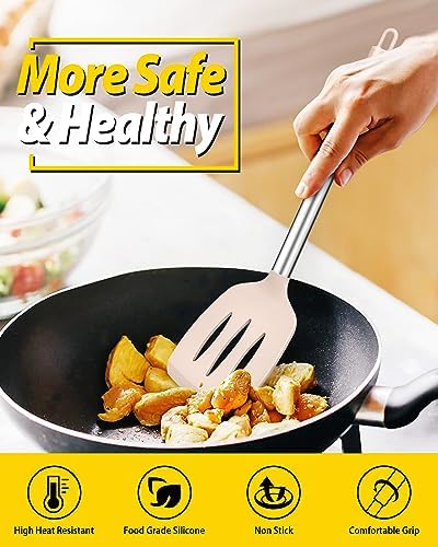 Pack of 4 Silicone Cooking Utensils Set, Non Stick Large Solid Spatulas, Heat Resistant Stainless Steel Khaki Slotted Spoons, Ideal BPA Free Kitchen Turners for Frying, Mixing,Serving,Draining,Turning
