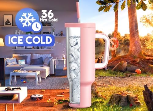 Meoky 50 oz Tumbler with Handle, Tumbler with Lid and Straw, Insulated Stainless Steel Travel Mug, 100% Leak-proof, Keeps Cold for 36 Hours or Hot for 12 Hours (Blush)