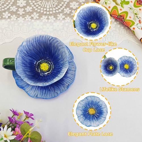 10 oz Tea Cups and Saucers, Ceramic Flower-shaped Cappuccino Cup, Latte Cup and Saucer set, elegant floral Espresso Cup set, Suitable for microwave and dishwasher-Red