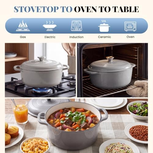 DUMOS Cast Iron Dutch Oven, 6 Quart Pot with Lid, Enameled Heavy Duty Cookware, Oven Safe to 500°F, Perfect for Bread Baking, Braising, Stews and Roasting, Moisture Sealing Lid with Dual Handles, Grey