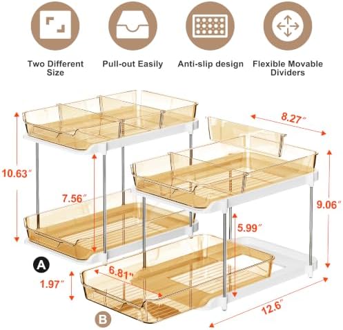 Delamu 2-Tier Multi-Purpose Bathroom Under Sink Organizers and Storage, Stackable Kitchen Pantry Organization, Pull Out Medicine Cabinet Organizer with Movable Dividers, Golden, 2 Pack