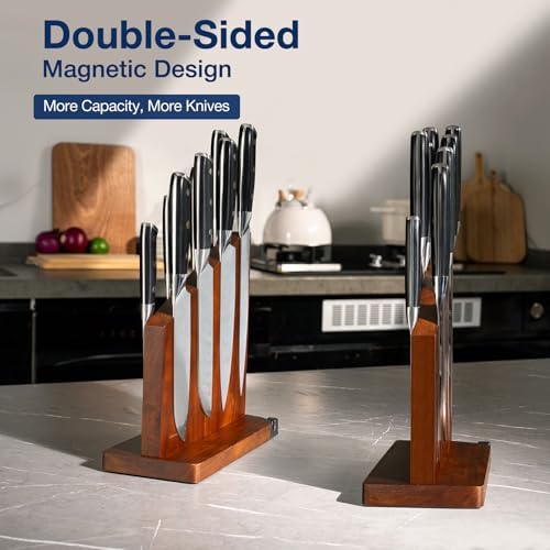 Gourmetop Magnetic Knife Block with Sharpener, Double Sided, Dark Acacia