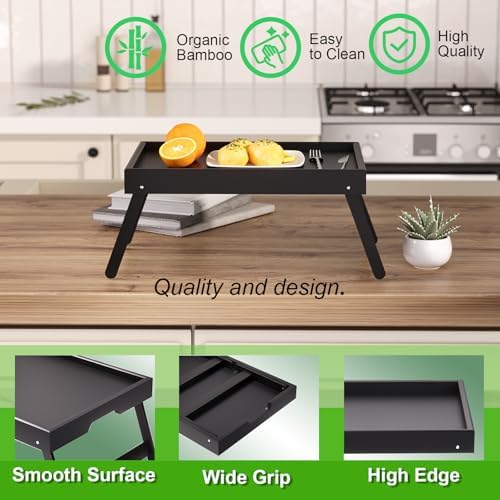 Fibogollo 2 Pack Bamboo Bed Tray Table with Folding Legs,Breakfast Trays,Serving Tray for Food and Snack,Laptop Trays for Working(Black)