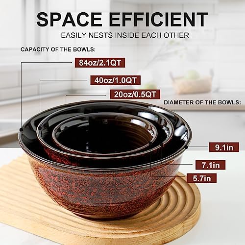 HASENSE Ceramic Mixing Bowls, Large Serving Dishes Set of 3 for Cooking, Baking, Prepping, Porcelain Nesting Bowls for Salads, Fruit, Popcorn, Cereal, 2.1/1.0/0.5 Qt, Dishwasher & Microwave Safe, Red