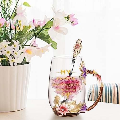 OEAGO Grandma Gifts from Granddaughter Tea Cup Birthday Grandparent Gifts Mothers Day Enamel Flower Glass Mugs from Grandkids Grandchildren