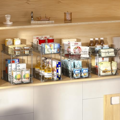 Delamu 2-Tier Under Sink Organizers and Storage, Multi-Purpose Stackable Bathroom Cabinet organizers, Pull Out Kitchen Pantry Organization and Storage with Dividers(4 Pack, Grey)