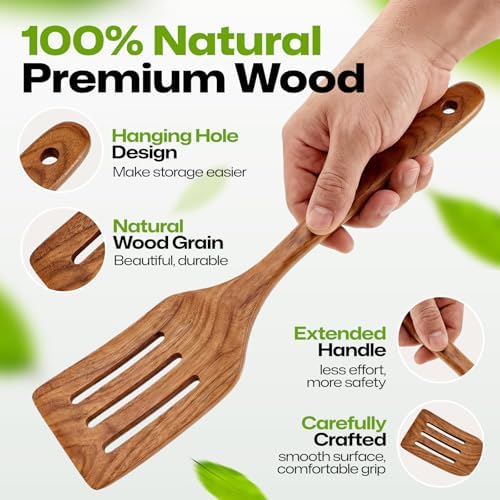 AIUHI Teak Wood Slotted Spatula, Wooden Spatula for Cooking, Non-Stick Safe Turner with Hanging Hole, Ideal for Flipping Pancakes, Burgers & Fish