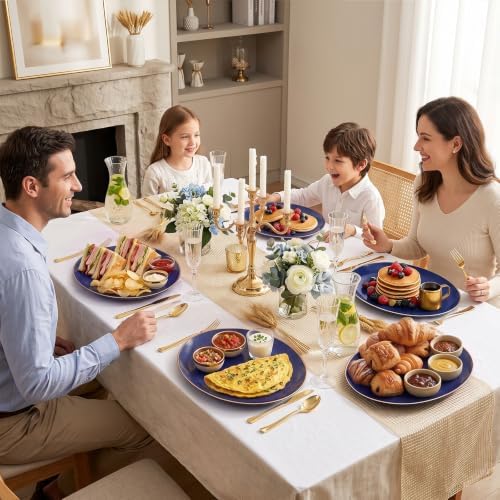 WDF 6PCS Oval Blue Plastic Plates - 10"x12" Navy Blue and Gold Plastic Platters - Heavy Duty Oval Disposable Serving Trays for Parties/Birthday/Weddings/Catering/BBQ