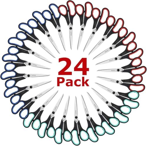 iBayam 8.5" All Purpose Sharp Black Scissors, Comfort-Grip Handles, 24-Pack